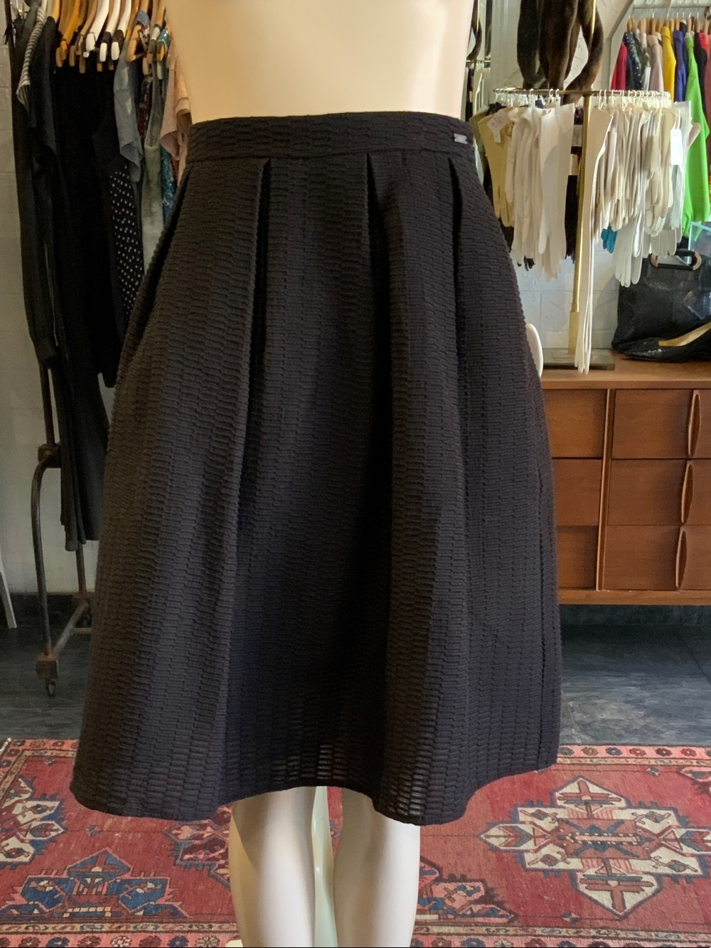 Armani Exchange Black Textured A-Line Skirt with Pleats